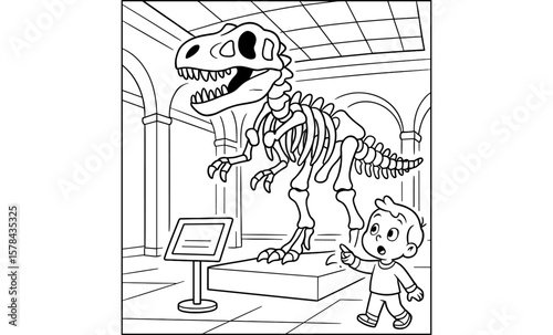 Curious child marveling at dinosaur skeleton in museum exhibit