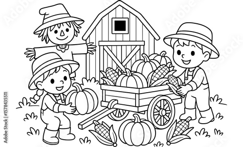 Harvest season coloring page featuring kids, pumpkins, and scarecrow