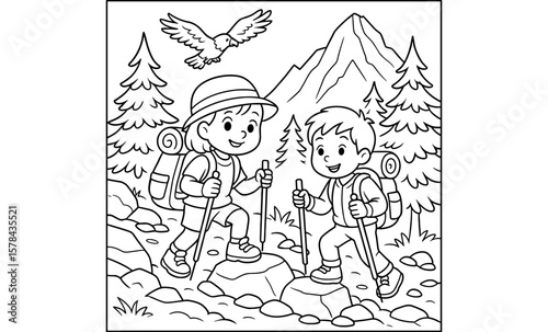 Kids hiking adventure in nature with mountain and forest scene for coloring fun