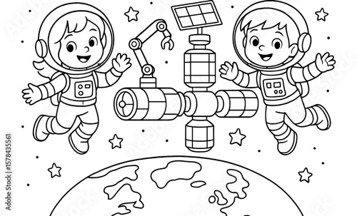 Children astronauts floating near space station for coloring book fun