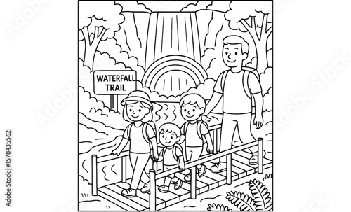 Family hiking adventure on waterfall trail: a fun outdoor line art scene