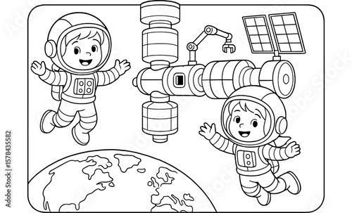 Cute astronauts exploring space station in coloring page for kids
