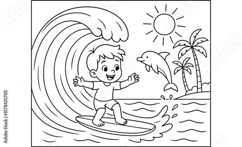 Happy child surfing with dolphin and palm trees in fun coloring page template