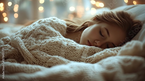 Young woman peacefully sleeping in bed under a cozy blanket, bathed in soft warm ambient lighting.