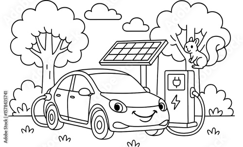 Cute electric car at solar charging station with squirrel in eco-friendly line art