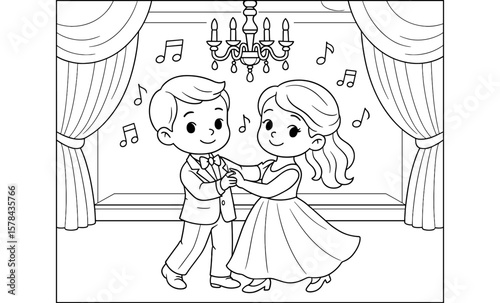 Charming kids dancing in elegant ballroom setting with musical notes
