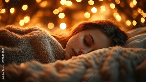 Young woman peacefully sleeping in bed under a cozy blanket, bathed in soft warm ambient lighting.