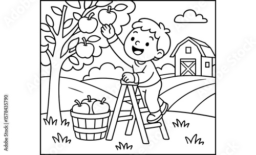 Child picking apples in orchard coloring page with farm background
