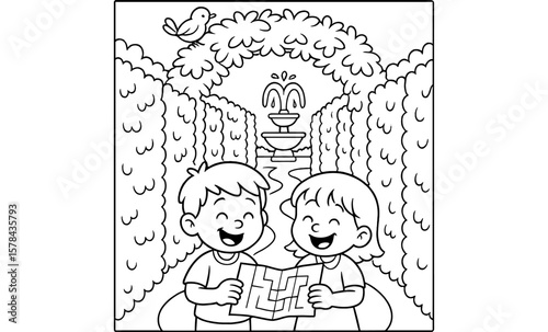 Children exploring hedge maze with map: fun adventure coloring page