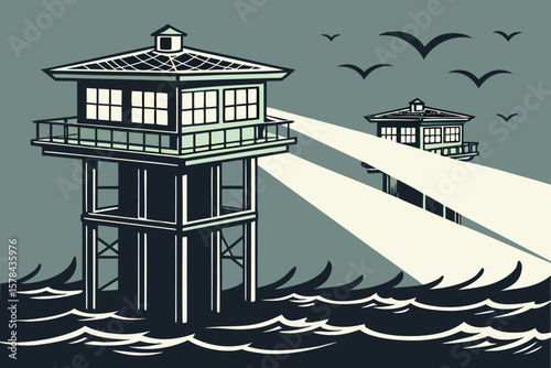 Illustration of two lighthouses emitting light beams across the wavy sea under a flock of birds at dusk
