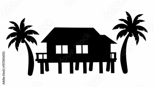 Silhouette of a stilt house with windows and a roof between two palm trees on a white background scene