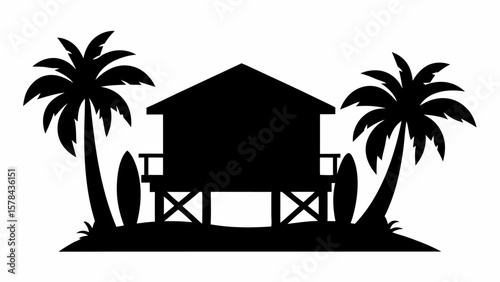 Silhouette of a beach hut with palm trees and surfboards creating a tropical island paradise scene design
