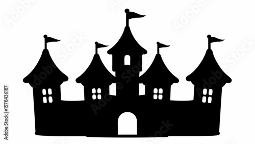 Silhouette of a fairytale castle with turrets flags and windows against white background in vector format