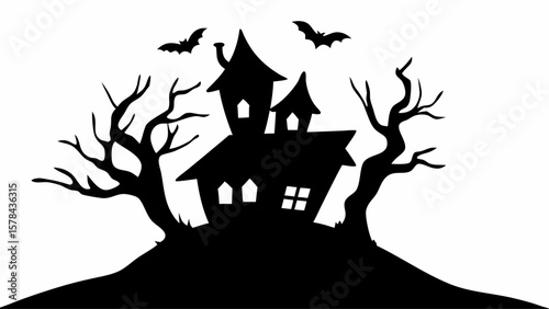 Silhouette of a spooky haunted house with bats flying overhead and bare trees on a hill during halloween night