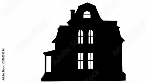 Silhouette of a spooky haunted house with multiple windows and a chimney on a white background image view