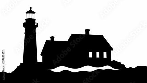 Silhouette of a lighthouse with a house behind it standing on rocks with waves in front, against white sky