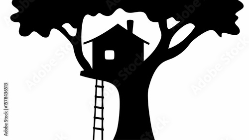 Silhouette of a tree house with a ladder leading up to it and a window and chimney on the house top