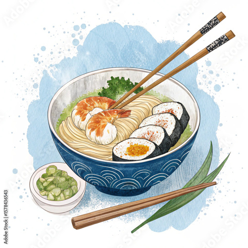 Sushi with chopsticks and wasabi served on a plate representing Japanese cuisine meal