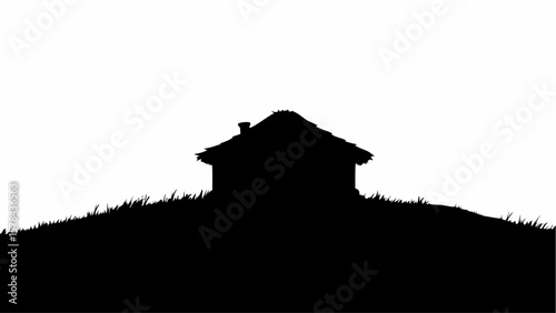 Silhouette of a small house with a thatched roof on a hill against a white background landscape view