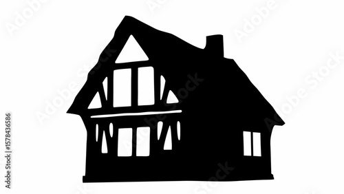 Silhouette of a house with a chimney and visible windows in a black and white minimalist design style
