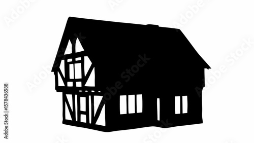 Silhouette of a two story half timbered house with visible windows and a sharply angled roof line design