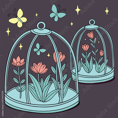 Two terrariums with flowers and butterflies surrounded by stars on a dark background illustration