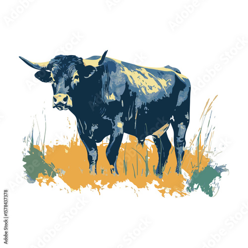Bull standing illustration in colorful style, AI generated