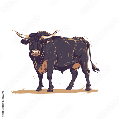 Bull standing illustration in colorful style, AI generated