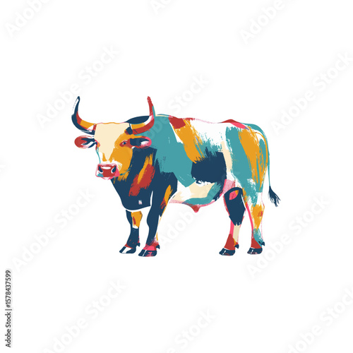 Bull standing illustration in colorful style, AI generated