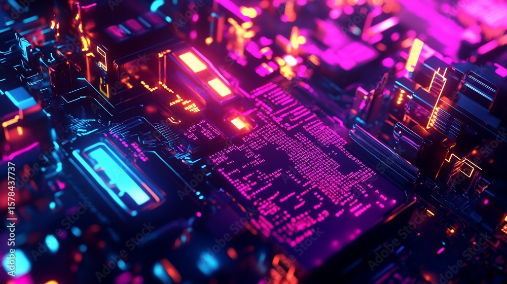 Fototapeta premium Abstract digital network with vibrant colors and intricate circuit board details for a high tech feel