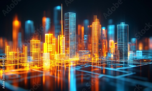 A Futuristic Glowing Digital City Depicted in Bright Orange and Blue