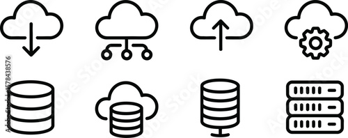 Cloud Computing Database Icons: Data Storage, Server, Network Technology Vector