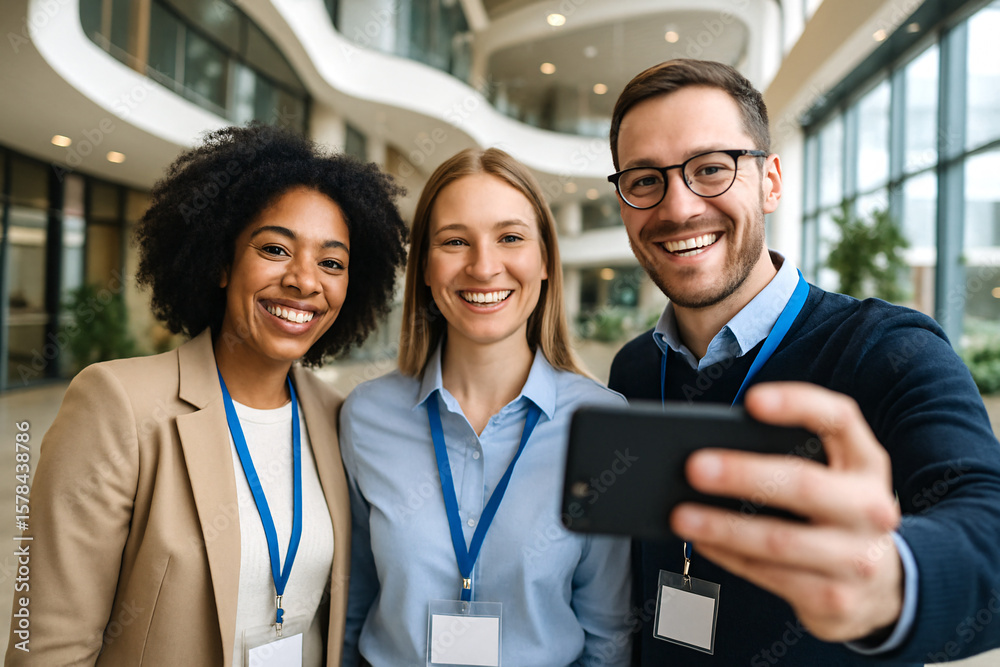 Obraz premium Smiling Colleagues Taking Selfie in Modern Office Space