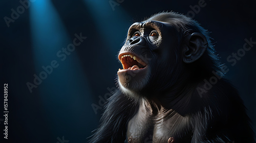 Dramatic Portrait of Chimp in Dark Background

