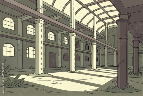 Interior view of a large abandoned warehouse with many pillars and arched windows and a glass roof