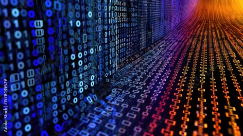 Horizontal stream of binary code in vivid blue and orange gradient colors, futuristic tech design