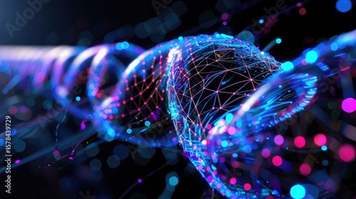 Blue and purple wire structure with glowing digital dots flowing along its length, abstract tech style