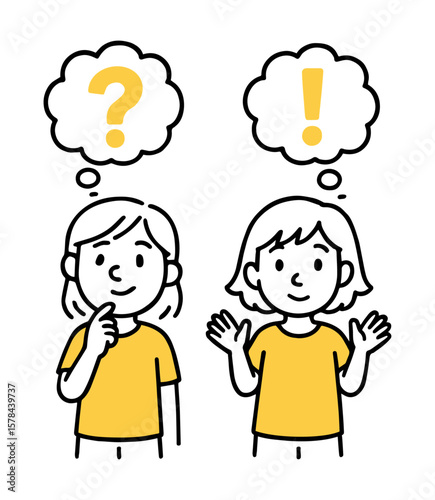 Two Girl Illustration with Thought Bubbles, Question Mark and Exclamation Mark. Hand-Drawn Doodle Style Vector Illustration