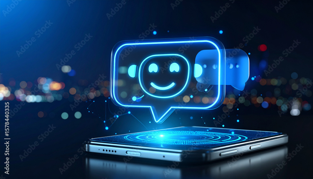 Fototapeta premium 3D Chatbot Avatar Smiling on Floating Screen with Light Particles, AI Conversation Design