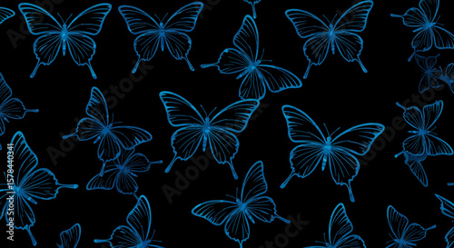 Elegant butterfly pattern with a blue outline on a black background design