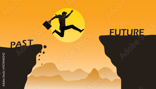 A business man jump between past to future over the sun and through on the gap of hill silhouette evening colorful sky. happy new year 2023.vector, illustration