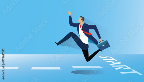 Business man running from start. Overcome obstacles concept. Man jumping over obstacles like hurdle race. Business illustration. vector