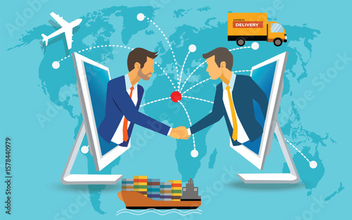 Online business global trading with express international shipping vector. Package, airplane, delivery truck, ship . Online business deal. vector, illustration