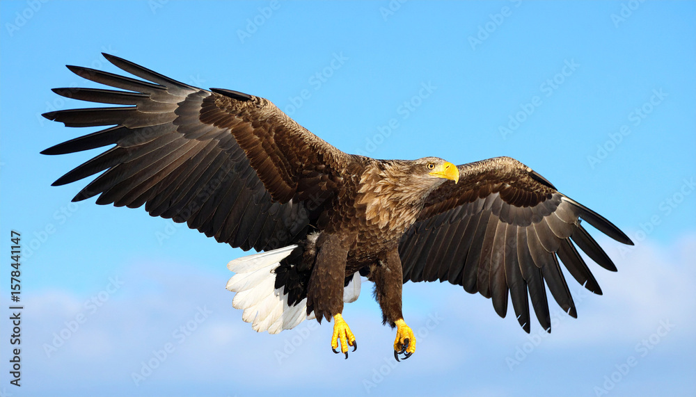 Fototapeta premium Soaring High: Close-Up of Eagle in Mid-Flight with Wings Fully Stretched Against Clear Blue Sky