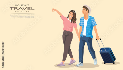 Full length vector illustration of young  couple travel, summer holidays vacation. illustration