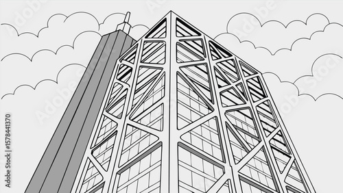 Looking up at a tall skyscraper with geometric design and clouds in the background drawing style
