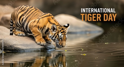 A young tiger drinking water from a rock overlooking a calm body of water, celebrating International Tiger Day
