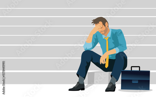 Depressed sad man sitting on the stairs of a business building, businessman in business clothes tired, jobless worried problem economic  Person failure . vector, illustrationconcept.