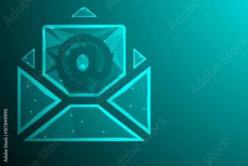 Low poly email icon on dark blue gradient background. Abstract polygonal envelope symbol for communication, messaging apps, digital mail, and online connectivity.