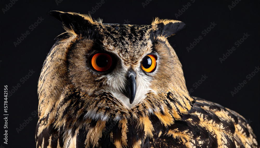 Fototapeta premium In the Eyes of Wisdom: Close-Up of Owl’s Face with Sharp Eyes Under Studio Lighting and Clean Black Background